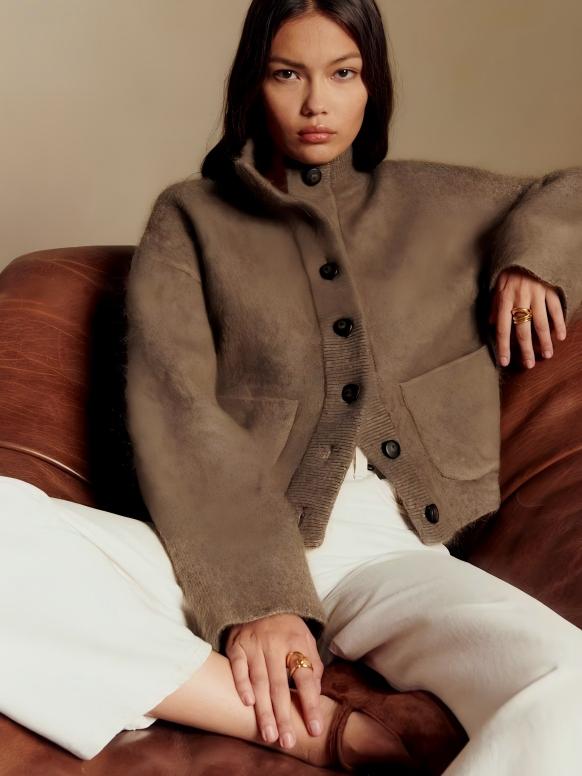 Chaqueta de Mohair con Cuello Teddy - Taupe Oscuro