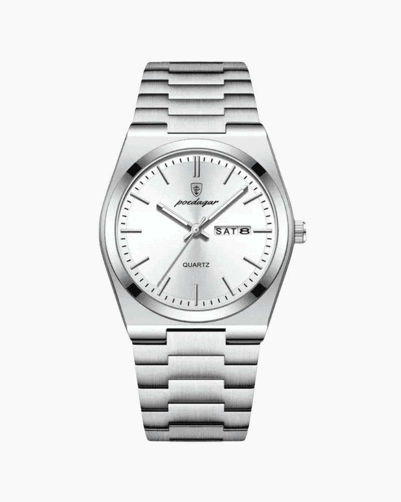 Sartorial™ | Poedagar Venice silver quartz watch with stainless steel bracelet and day-date display, ideal for modern men's fashion accessories.