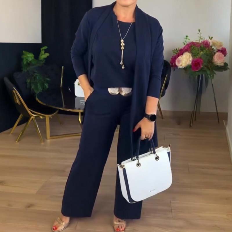Elegante conjunto de 3 piezas: chaleco largo, blusa y pantalón